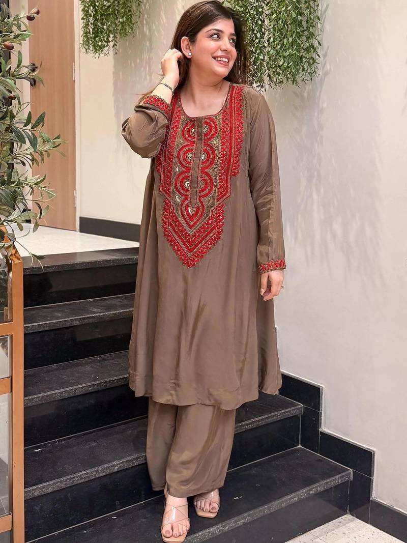Women Ethnic Motifs Embroidered Regular Sequinned Silk Crepe Kurta with Palazzos