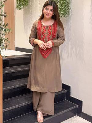 Women Ethnic Motifs Embroidered Regular Sequinned Silk Crepe Kurta with Palazzos 6