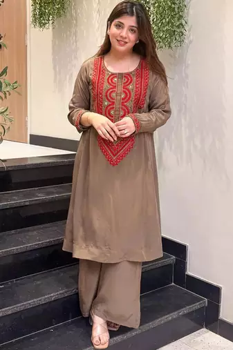 Women Ethnic Motifs Embroidered Regular Sequinned Silk Crepe Kurta with Palazzos