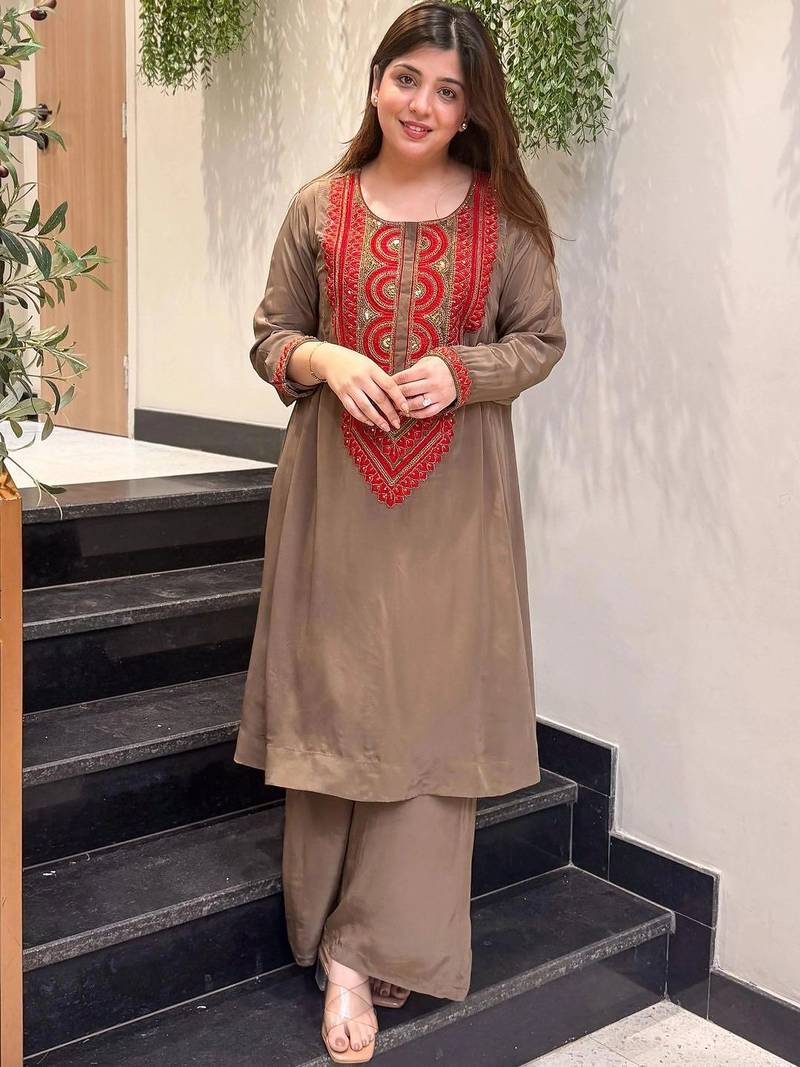 Women Ethnic Motifs Embroidered Regular Sequinned Silk Crepe Kurta with Palazzos