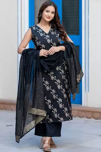 Women Regular Pure Silk Kurta with Palazzos & With Dupatta