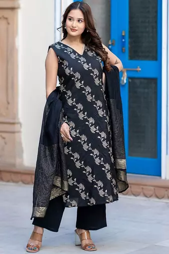 Women Regular Pure Silk Kurta with Palazzos & With Dupatta