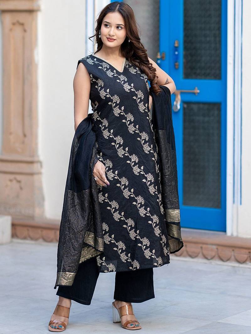Women Regular Pure Silk Kurta with Palazzos & With Dupatta