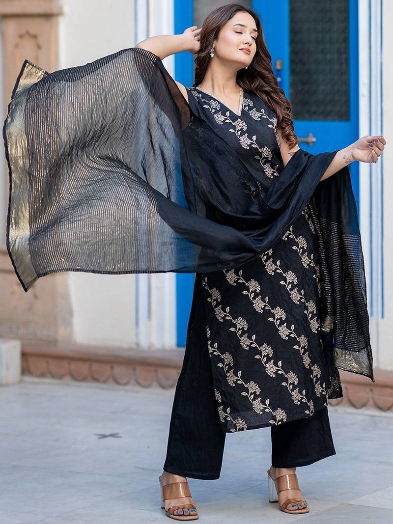 Women Regular Pure Silk Kurta with Palazzos & With Dupatta