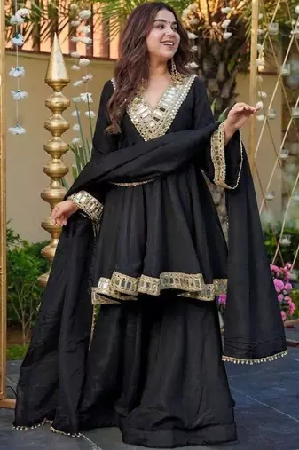 Women Empire Mirror Work Kurta with Sharara & With Dupatta
