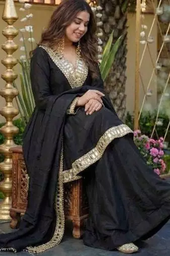 Women Empire Mirror Work Kurta with Sharara & With Dupatta