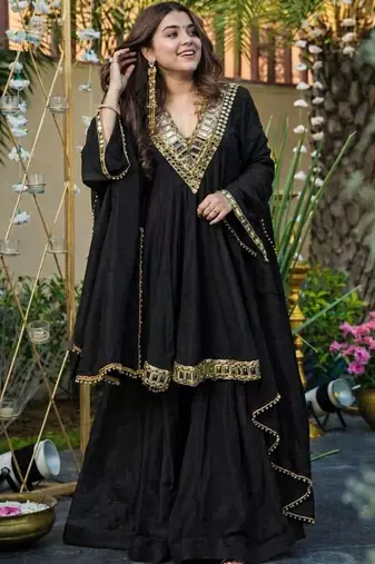 Women Empire Mirror Work Kurta with Sharara & With Dupatta