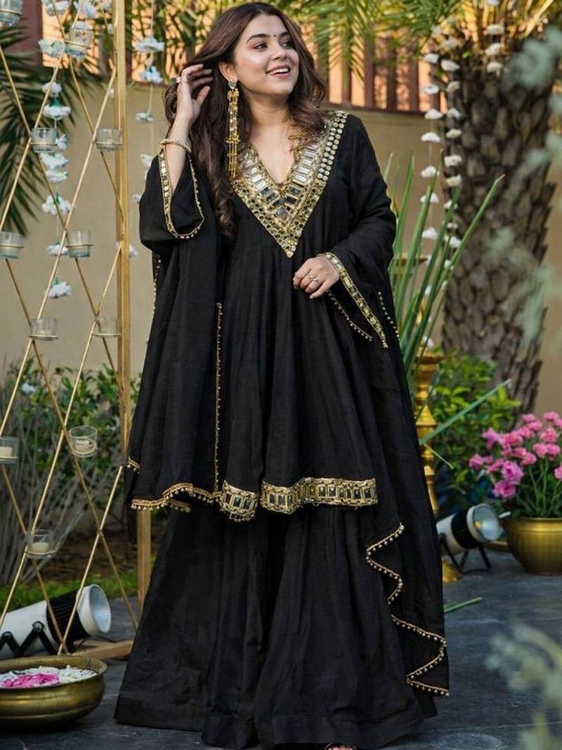 Women Empire Mirror Work Kurta with Sharara & With Dupatta