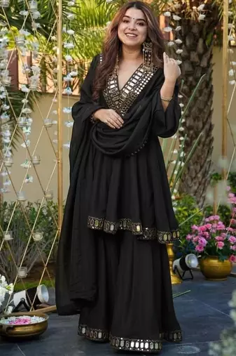 Women Empire Mirror Work Kurta with Sharara & With Dupatta