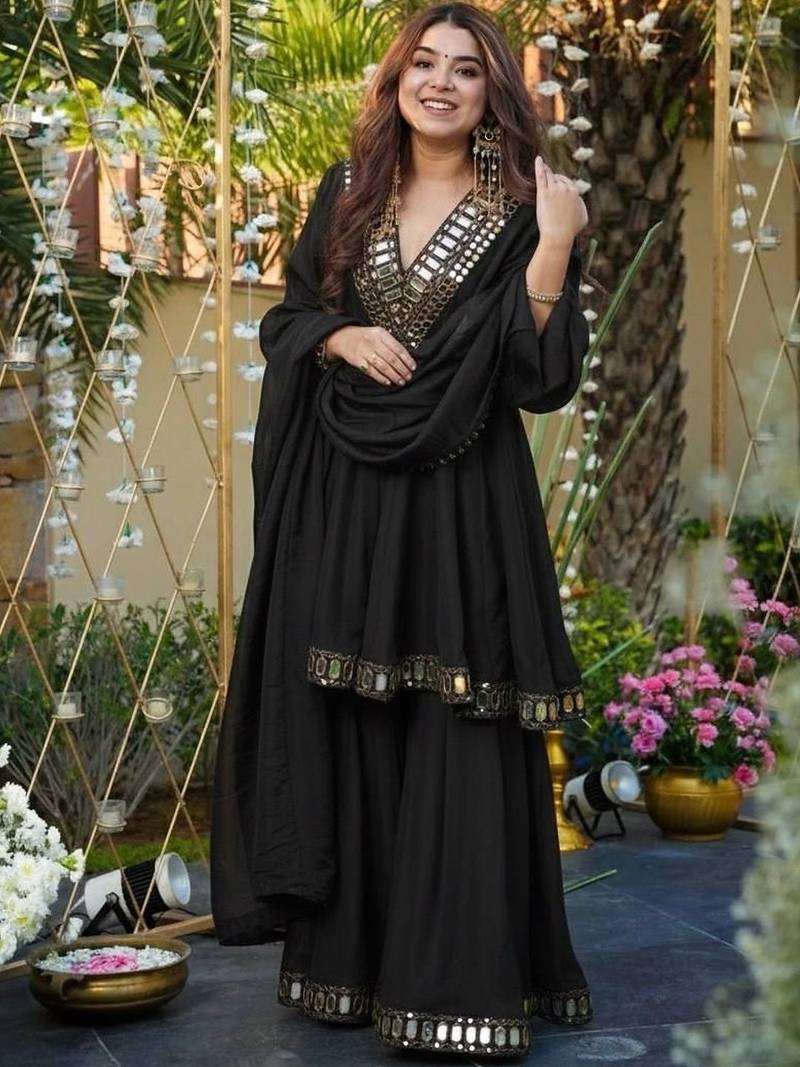 Women Empire Mirror Work Kurta with Sharara & With Dupatta