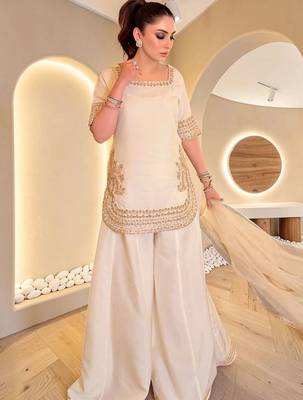 Women Ethnic Motifs Embroidered Regular Silk Chiffon Kurta with Sharara & With Dupatta 1