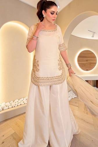 Women Ethnic Motifs Embroidered Regular Silk Chiffon Kurta with Sharara & With Dupatta