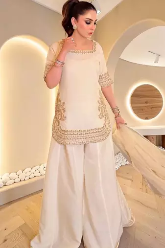 Women Ethnic Motifs Embroidered Regular Silk Chiffon Kurta with Sharara & With Dupatta