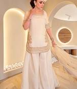 Women Ethnic Motifs Embroidered Regular Silk Chiffon Kurta with Sharara & With Dupatta