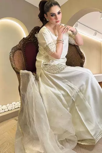 Women Ethnic Motifs Embroidered Regular Silk Chiffon Kurta with Sharara & With Dupatta