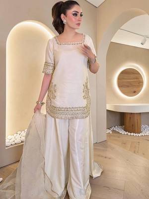 Women Ethnic Motifs Embroidered Regular Silk Chiffon Kurta with Sharara & With Dupatta 3