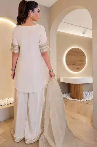Women Ethnic Motifs Embroidered Regular Silk Chiffon Kurta with Sharara & With Dupatta