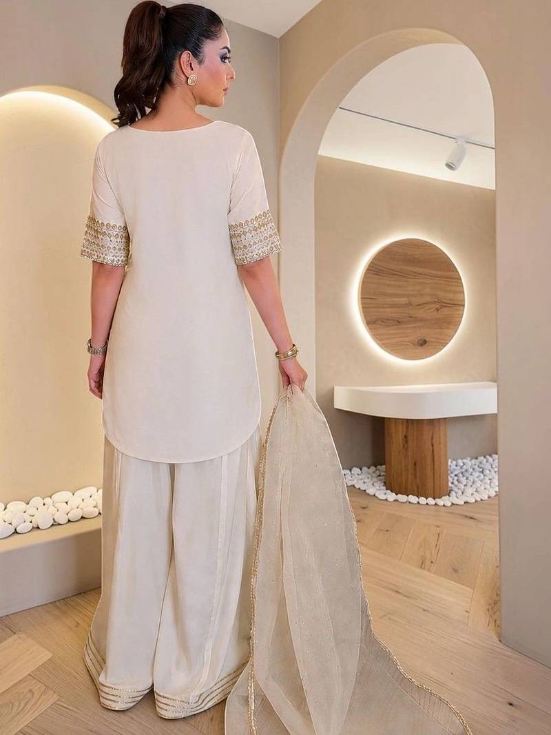 Women Ethnic Motifs Embroidered Regular Silk Chiffon Kurta with Sharara & With Dupatta