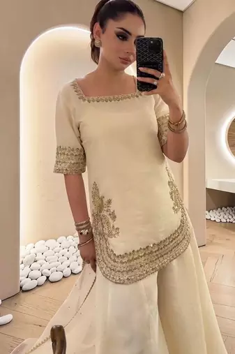 Women Ethnic Motifs Embroidered Regular Silk Chiffon Kurta with Sharara & With Dupatta