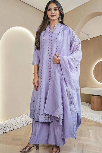 Women Ethnic Motifs Embroidered Regular Thread Work Pure Cotton Kurta with Palazzos & With Dupatta