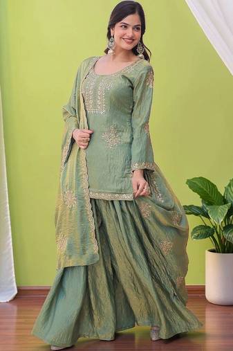 Women Ethnic Motifs Embroidered Regular Sequinned Kurta with Sharara & With Dupatta