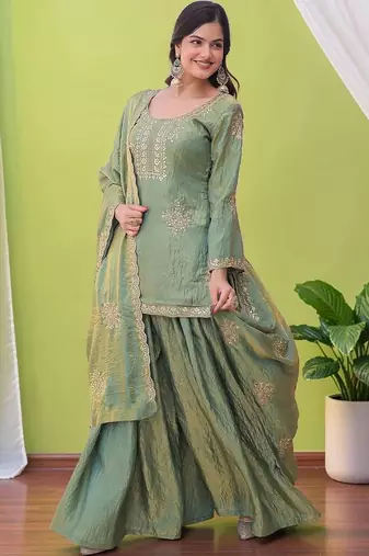 Women Ethnic Motifs Embroidered Regular Sequinned Kurta with Sharara & With Dupatta