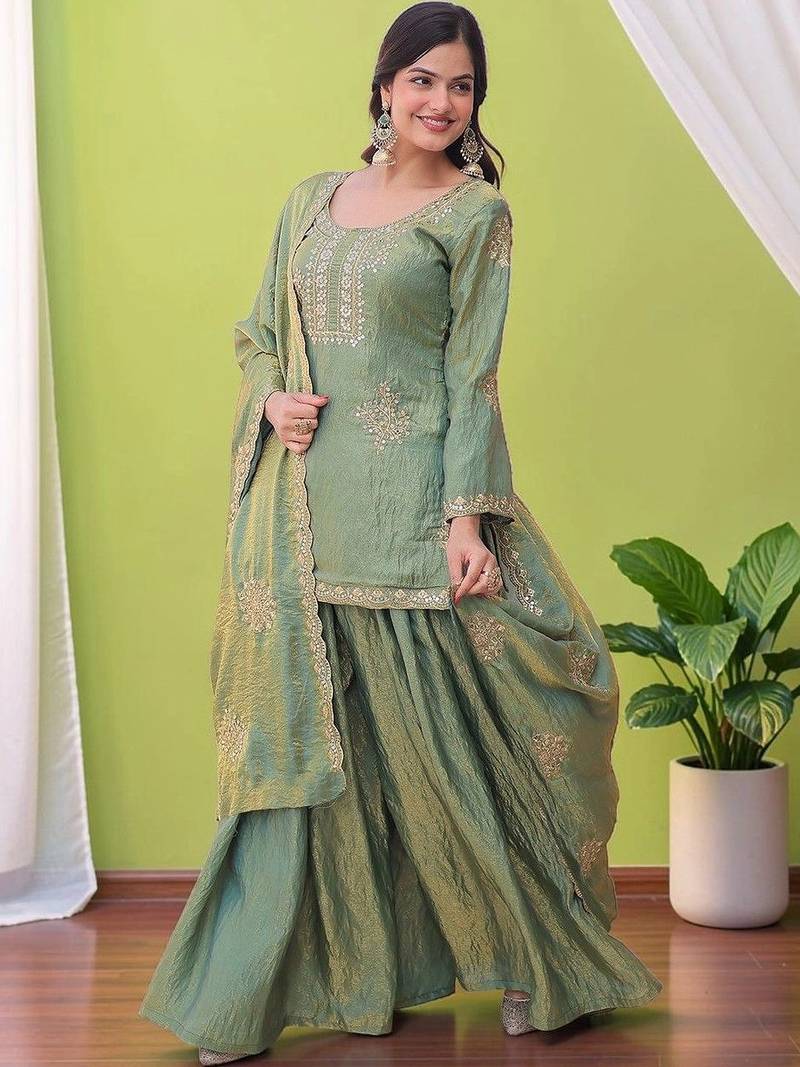 Women Ethnic Motifs Embroidered Regular Sequinned Kurta with Sharara & With Dupatta
