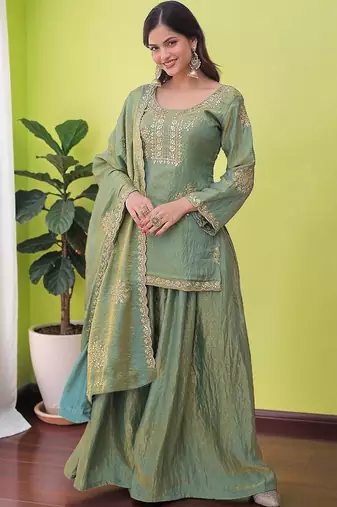 Women Ethnic Motifs Embroidered Regular Sequinned Kurta with Sharara & With Dupatta