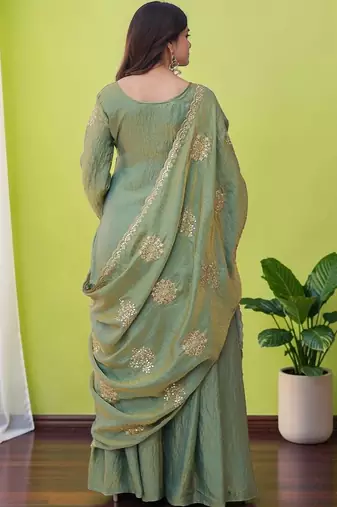 Women Ethnic Motifs Embroidered Regular Sequinned Kurta with Sharara & With Dupatta