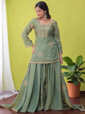 Women Ethnic Motifs Embroidered Regular Sequinned Kurta with Sharara & With Dupatta 5