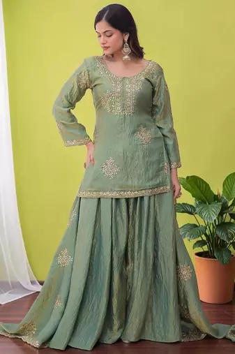 Women Ethnic Motifs Embroidered Regular Sequinned Kurta with Sharara & With Dupatta