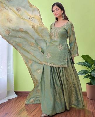 Women Ethnic Motifs Embroidered Regular Sequinned Kurta with Sharara & With Dupatta 6