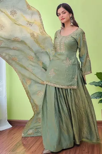 Women Ethnic Motifs Embroidered Regular Sequinned Kurta with Sharara & With Dupatta