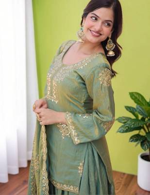 Women Ethnic Motifs Embroidered Regular Sequinned Kurta with Sharara & With Dupatta 7