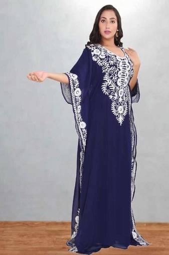 Navy Blue Embroidered Moroccan Kaftan Dress