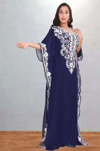 Navy Blue Embroidered Moroccan Kaftan Dress