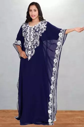 Navy Blue Embroidered Moroccan Kaftan Dress