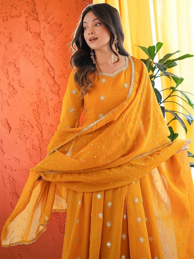 Women Ethnic Motifs Embroidered Empire Sequinned Kurta with Trousers & With Dupatta