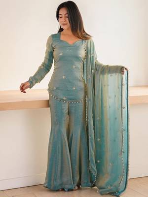 Women Embroidered Regular Beads and Stones Kurta with Sharara & With Dupatta 1