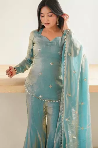 Women Embroidered Regular Beads and Stones Kurta with Sharara & With Dupatta