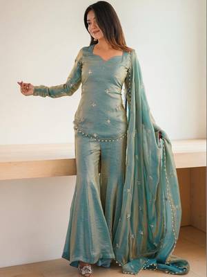 Women Embroidered Regular Beads and Stones Kurta with Sharara & With Dupatta 3