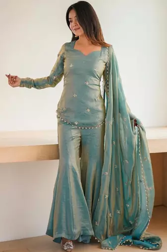 Women Embroidered Regular Beads and Stones Kurta with Sharara & With Dupatta