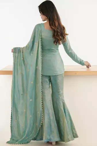 Women Embroidered Regular Beads and Stones Kurta with Sharara & With Dupatta
