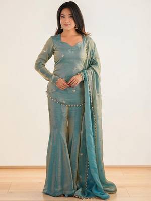 Women Embroidered Regular Beads and Stones Kurta with Sharara & With Dupatta 5