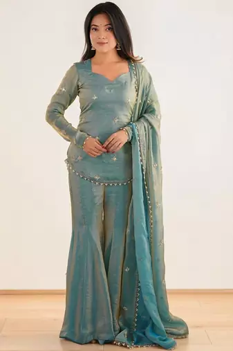 Women Embroidered Regular Beads and Stones Kurta with Sharara & With Dupatta