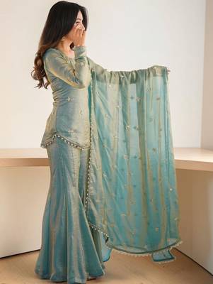 Women Embroidered Regular Beads and Stones Kurta with Sharara & With Dupatta 7