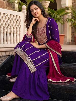 Women Ethnic Motifs Embroidered Regular Thread Work Kurta with Sharara & With Dupatta 1