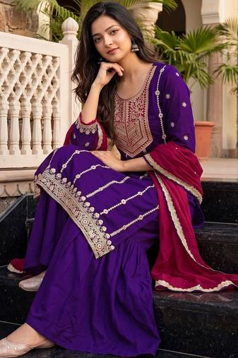 Women Ethnic Motifs Embroidered Regular Thread Work Kurta with Sharara & With Dupatta