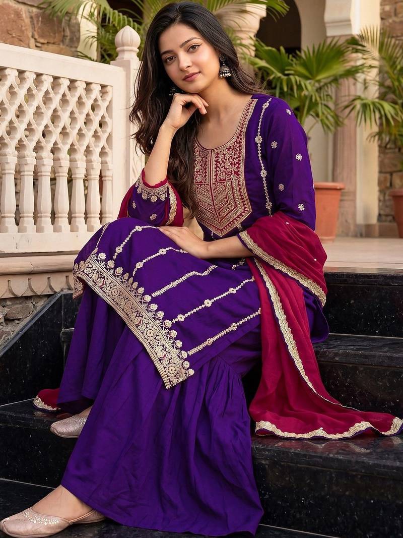 Women Ethnic Motifs Embroidered Regular Thread Work Kurta with Sharara & With Dupatta
