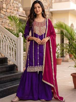 Women Ethnic Motifs Embroidered Regular Thread Work Kurta with Sharara & With Dupatta 2